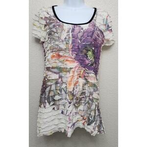 Lavish Cream Purple Ruffled Floral Print Top Large Lightweight Soft Short Sleeve